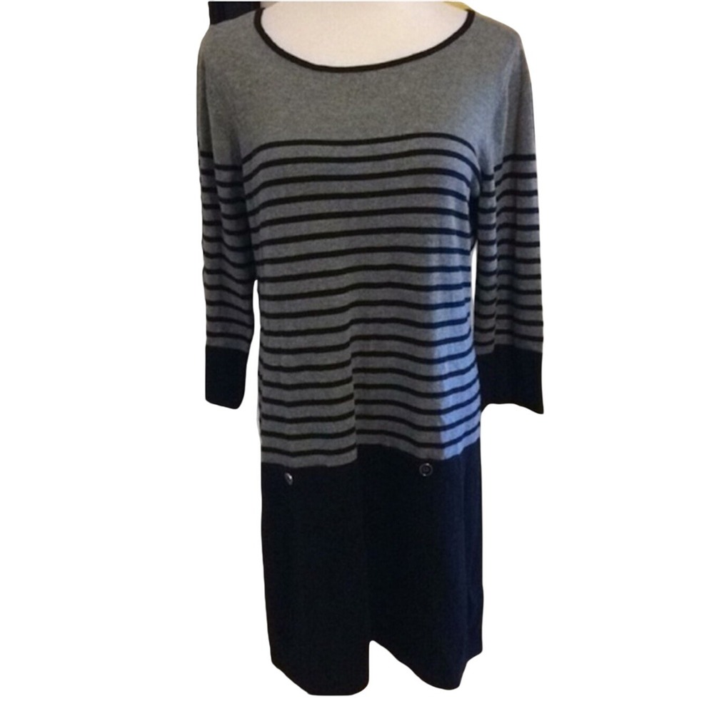 Banana Republic Womens Striped Sweater Dress large Gray Black minimalist retro